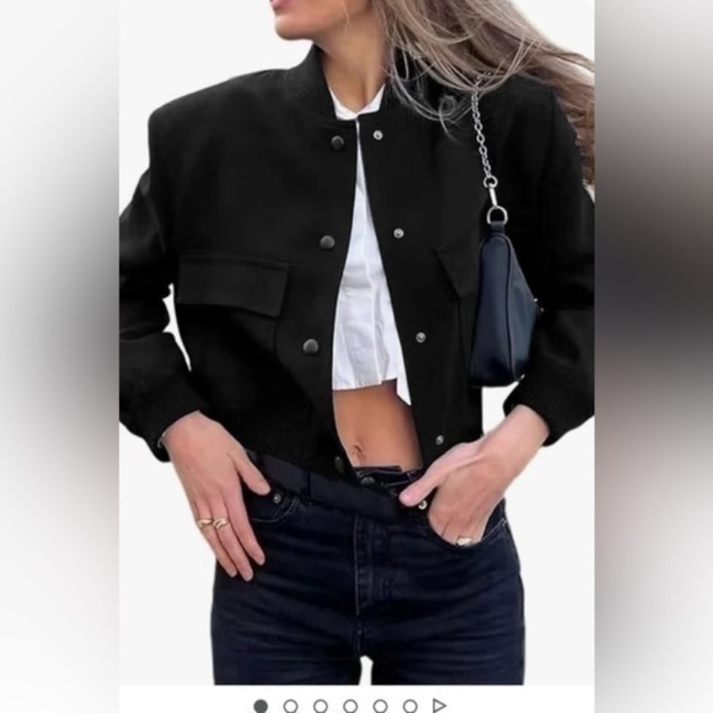 Fashion cropped blk bomber jacket streetwear varsity jacket snap button up L